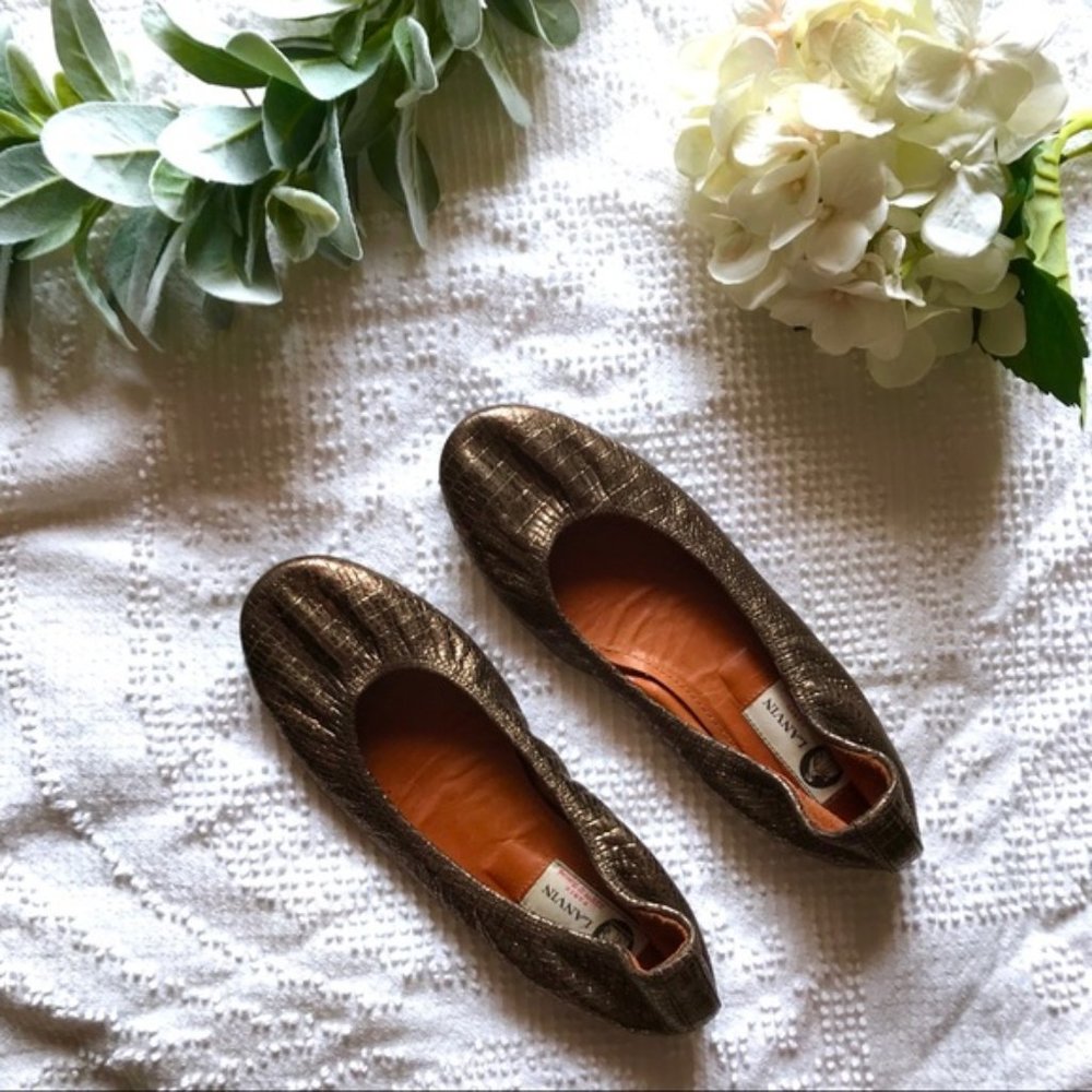 Lanvin Bronze Croc-Embossed Slip-On Flats